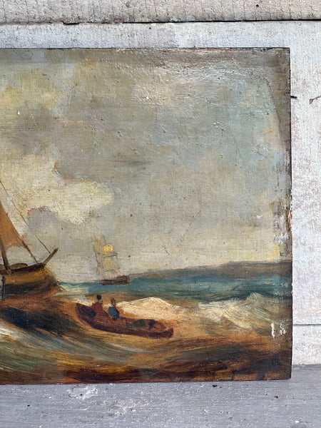 Vintage French Boat Oil on Board
