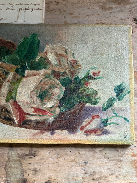 Vintage French Pink Roses Oil Painting on Canvas