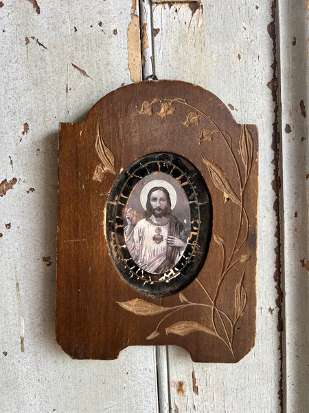 French Antique Framed Jesus plaque