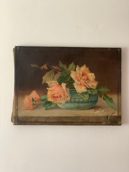 Vintage French Pink and White Roses Oil Painting on Canvas