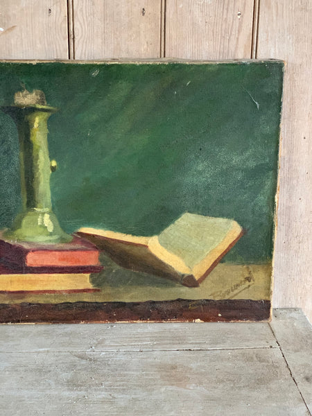 Vintage French Book Oil on Canvas Painting