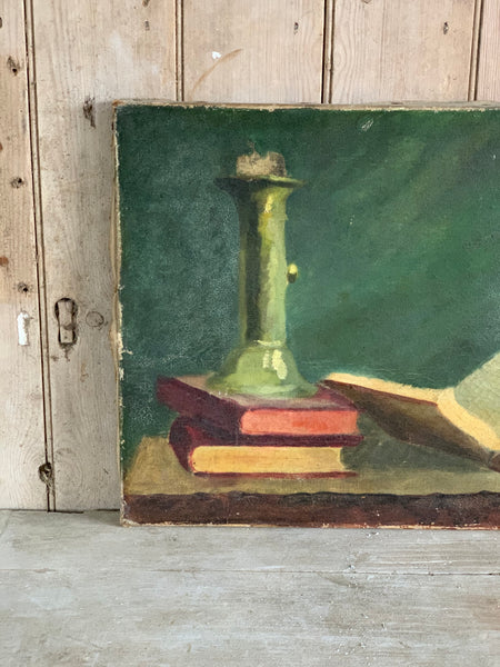 Vintage French Book Oil on Canvas Painting