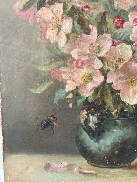 Vintage Floral with Insect Oil Painting on Canvas