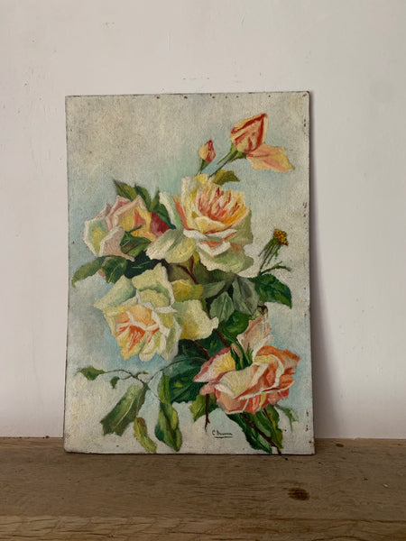 Vintage Rose Bouquet Oil Painting on Board