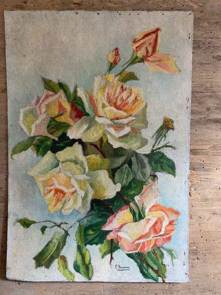 Vintage Rose Bouquet Oil Painting on Board