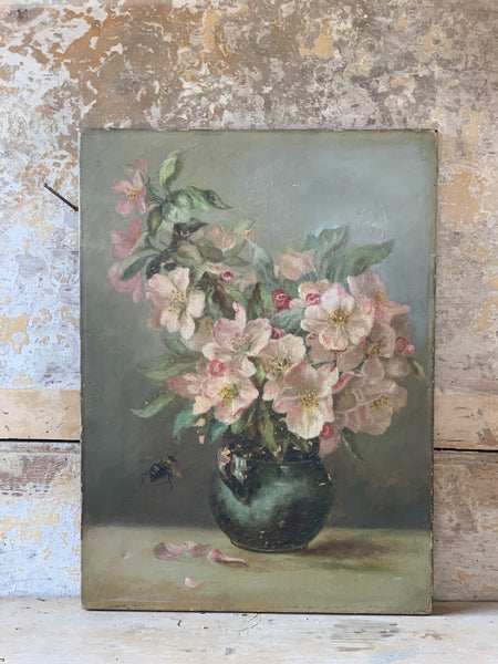 Vintage Floral with Insect Oil Painting on Canvas