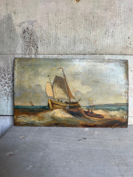 Vintage French Boat Oil on Board