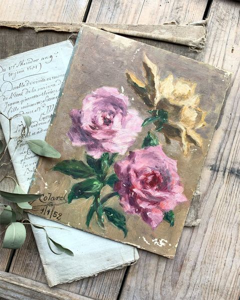 Small 1950s Vintage French Roses Oil Painting