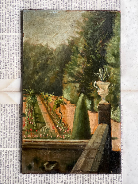 Small French Garden Landscape Painting Oil On Board