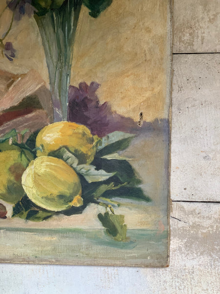 Vintage French Fruit & Flowers Oil on Canvas