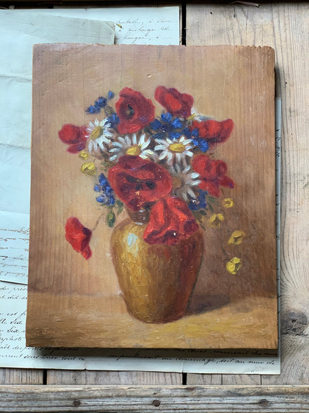 Vintage Poppy Painting on Board