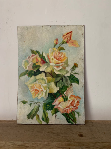 Vintage Rose Bouquet Oil Painting on Board