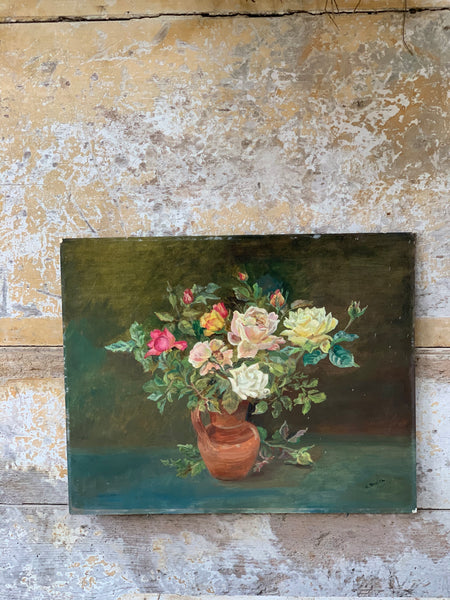 Vintage French Floral Oil Painting on Board
