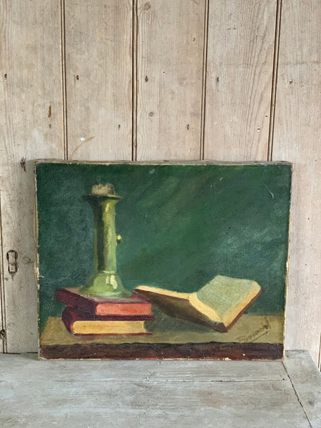 Vintage French Book Oil on Canvas Painting