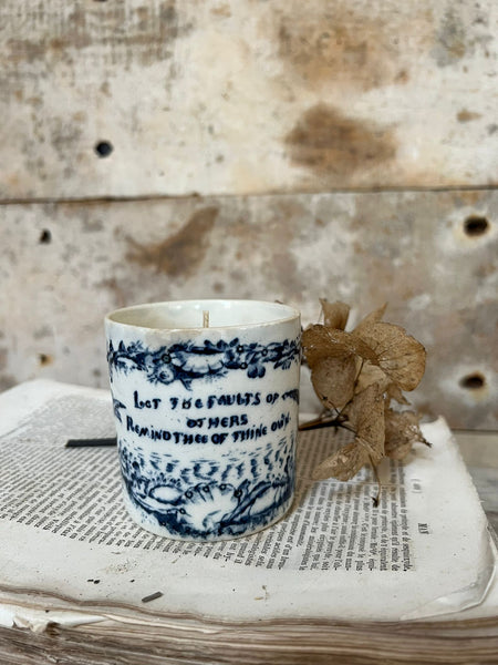 Blue Transferware Cup Candle in Fig