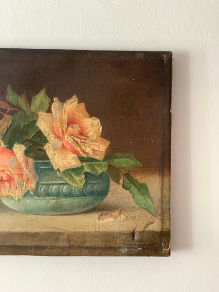 Vintage French Pink and White Roses Oil Painting on Canvas