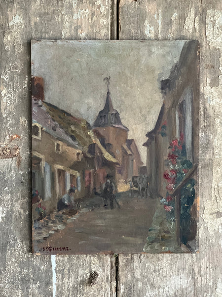 Cute French Village Scene Painting on Board