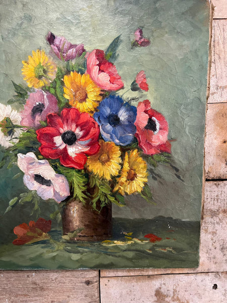 Vintage French Floral Oil on Canvas