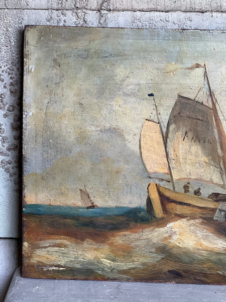 Vintage French Boat Oil on Board