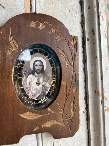 French Antique Framed Jesus plaque