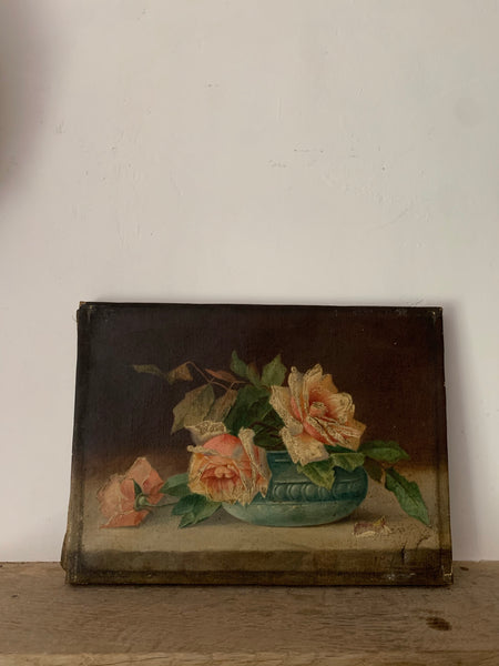 Vintage French Pink and White Roses Oil Painting on Canvas