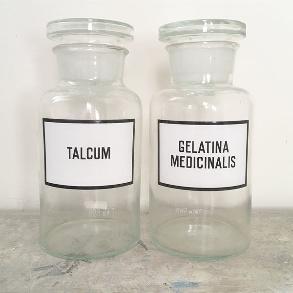 Early 1900s Extra Large Apothecary Clear Glass Bottle - Talcum, Gelatina Medicinalis